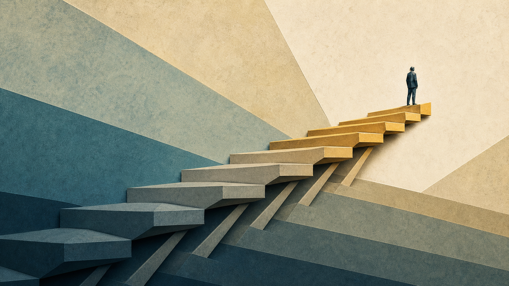 A staircase of discrete steps rising to a lone figure at the top — a structured process with a human at the gate